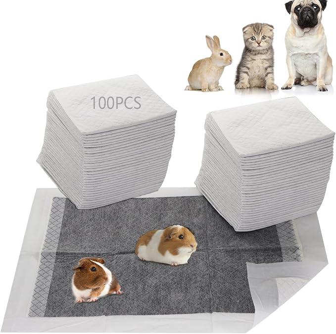 Guinea Pig Pee Pads, Disposable Rabbit Cage Liners, Charcoal Odor Controlling Absorbent Waterproof Pee Pads for Hamster, Bunny, Ferret, Chinchilla and Other Small Animals (18" x 13", 100 PCS)