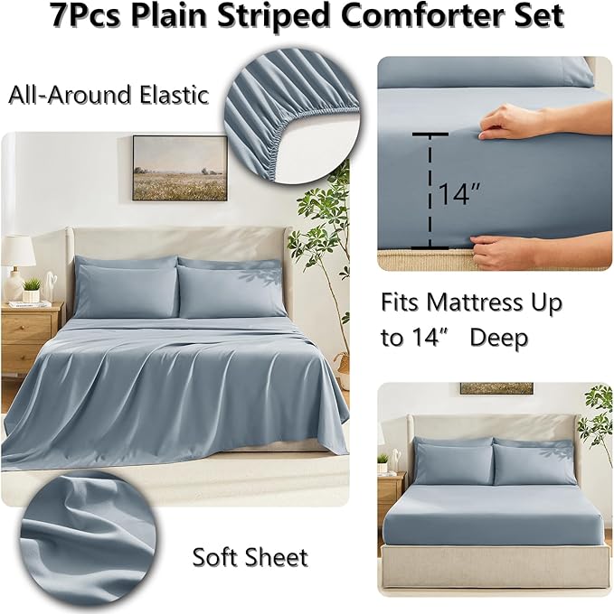 CozyLux Queen Comforter Set Grayish Blue, 7 Pieces Bed in a Bag, Blue Comforter Queen Size, All Season Bedding Sets with Stitch Quilted Comforter, Flat Sheet, Fitted Sheet, Pillowcases