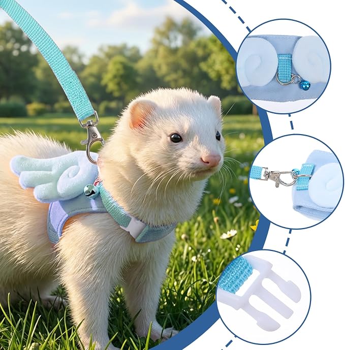 Ferret Harness and Leash Set Small Animals Vest Harness Soft-Harness Leash Vest Set with Bell Guinea Pig Clothes for Baby Ferret Rats Hamster Teacup Chihuahua Mouse Small Pet(Blue)