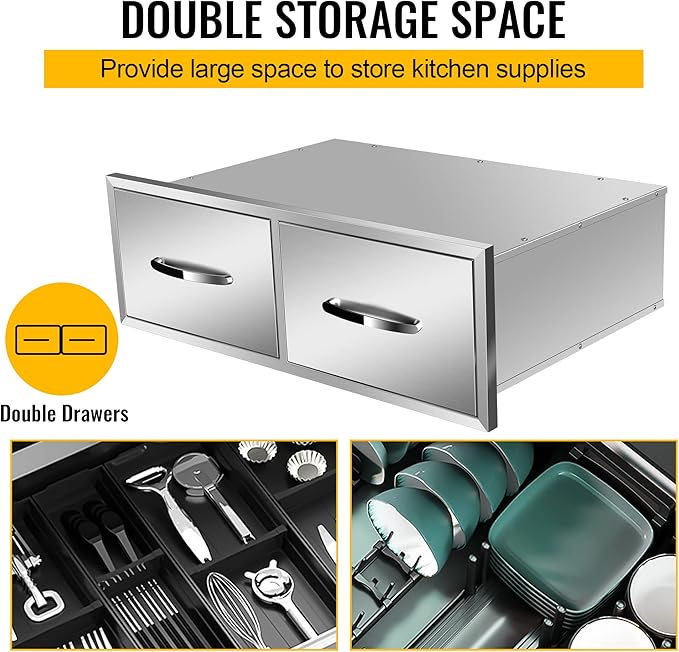 Outdoor Kitchen Drawers Stainless Steel 30W X 10H X 20D Inch, Flush Mount Double BBQ Island Drawers with Handle for Outdoor Kitchens, Patio or Grill Station