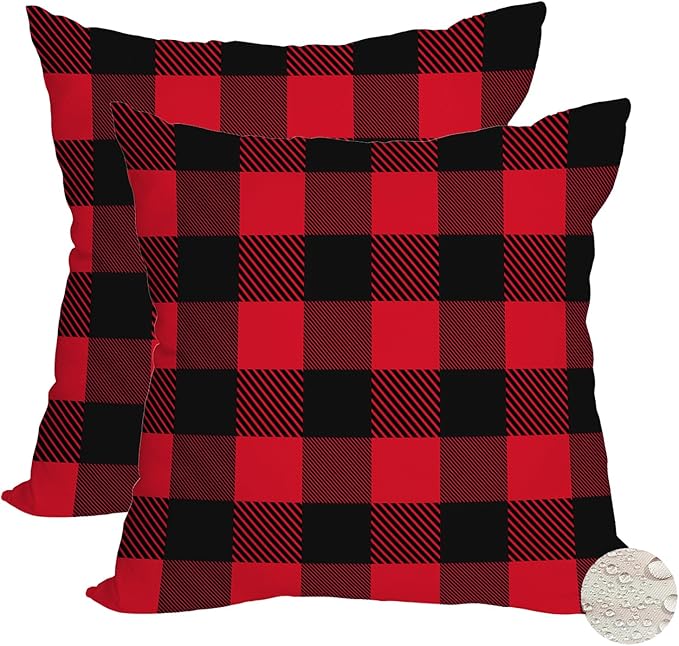 Fukeen 2 Pack Waterproof Outdoor Christmas Pillow Covers 18x18 Inch Red and Black Buffalo Plaids Checked Throw Pillow Cases New Year Winter Farmhouse Decorations Cushion Cover Double Sided