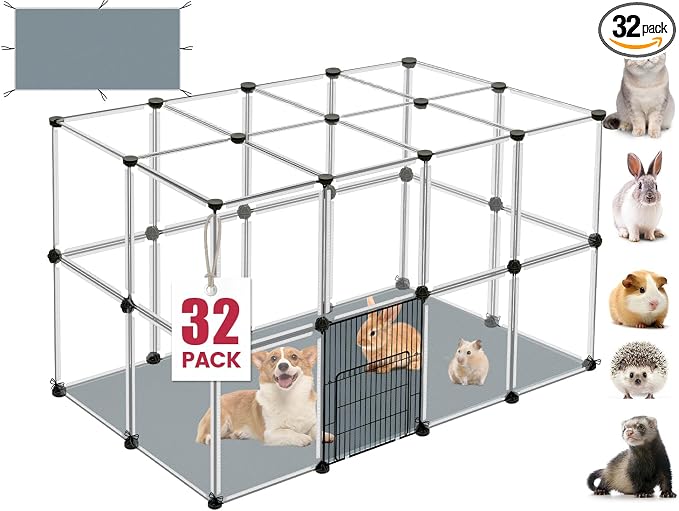 VISCOO 32 Panels Small Animals Playpen,48"x32"x24"Transparent Pet Playpen | Portable Puppy Play Pen for Indoor Outdoor with Waterproof Mat, Pet Fence for Guinea Pigs,Bunny,Ferrets,Hamsters,Hedgehogs