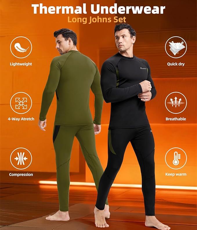 romision 2 Pack Thermal Underwear for Men Long Johns Fleece Lined Hunting Gear Bottom Top Set Base Layer Cold Weather XS-4XL