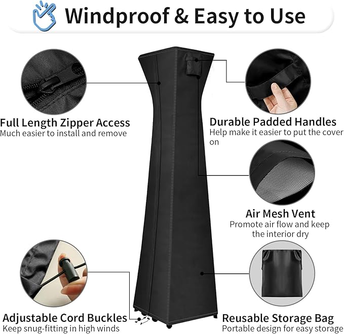 OutdoorLines Waterproof Outdoor Patio Heater Covers with Zipper and Storage Bag, Dust-proof UV-Resistant Windproof Propane Heavy Duty Heater Cover for Standing Heater, 1 Pack-90Hx23Lx23W inch Black