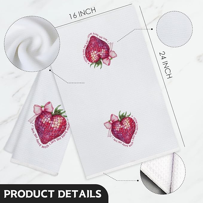 Coquette Pink Bow Strawberry Kitchen Towels, I Love You Gifts for Her Hand Towels, Dish Tea Towels, Strawberry Kitchen Bathroom Decor, 16x24 Inch