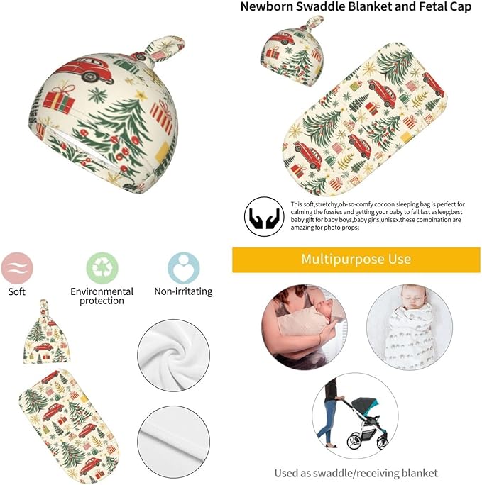 Christmas Baby Swaddle Blanket and Hat Set for Newborn Boys Girls Soft Infant Wrap Sleep Christmas Tree Gift