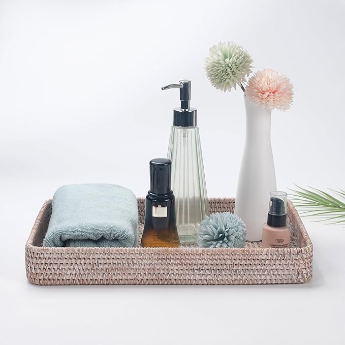 Rattan Serving Tray, Rectangular Woven Tray, Natural Wicker Decorative Serving Baskets for Organizing Tabletop Bathroom Kitchen Counter (White)