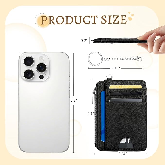Kelvoris Credit Card Holder Small Wallet Women, Slim RFID, Black | Keychain, Zipper Coin Pocket, Front Pocket Thin Travel Card Case, Minimalist, 6 Card Slots, 1 ID Window, Ladies Gifts Woman