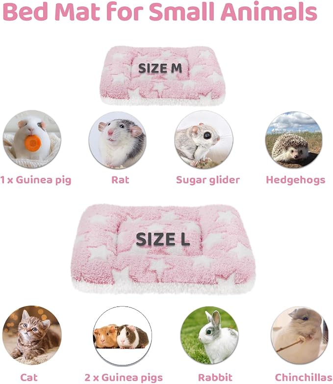 Amakunft 2 Pcs Guinea Pig Bed Mat Washable, Rabbit Winter Bed Pad for Indoor, Warm Small Animal Bed Mattres, Fleece Sleeping Pad for Bunny, Rat, Hedgehog, Sugar Glider, Chinchilla (Pink Star, Large)