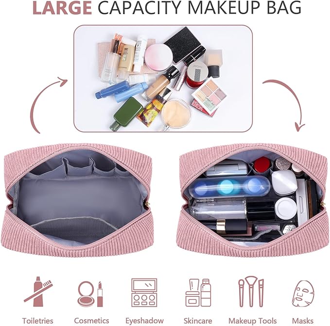 MAGEFY Corduroy Makeup Bag Small Makeup Bag for Purse with Compartments Cute Makeup Pouch Cosmetic Bag for Women Friends Preppy Gifts (Pink, SKIN)