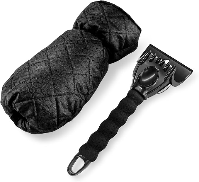 Car Ice Scraper, Auto Windshield Ice Shovel with Warm Thermal Waterproof Glove, Scratch-Free Car Window Snow Scraper Mitt Windproof Winter Cleaning Tool for Most Vehicles (Black)