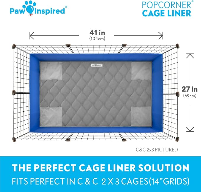 Paw Inspired PopCorner Washable Fleece Cage Liners, C&C 2x3, Gray | Reinforced Corners, Super Absorbent Mat, Bedding, Waterproof Bottom, Guinea Pigs, Ferrets, Rabbits, Hamsters, Small Animals