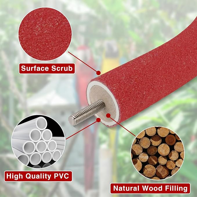 Rypet U-Shaped Large Parrot Perch, Quartz Bird Perch for Cage(Red L) | Safe Chew & Rest Perch for Large Birds, Durable Non-Toxic Cage Accessory, for Parakeets Cockatiels Conures Macaws