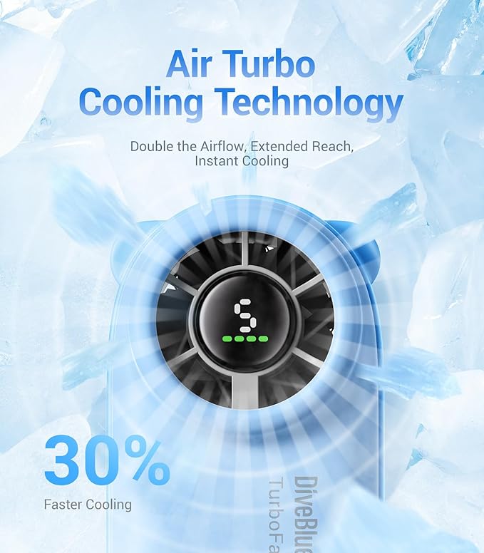 Diveblues Handheld Portable Turbo Fan, 4000mAh USB Rechargeable Pocket Fan, Up to 16 Hours, Hand Fan with 5 Speeds Powerful Cooling for Travel/Summer/Outdoor/Lash/Purse