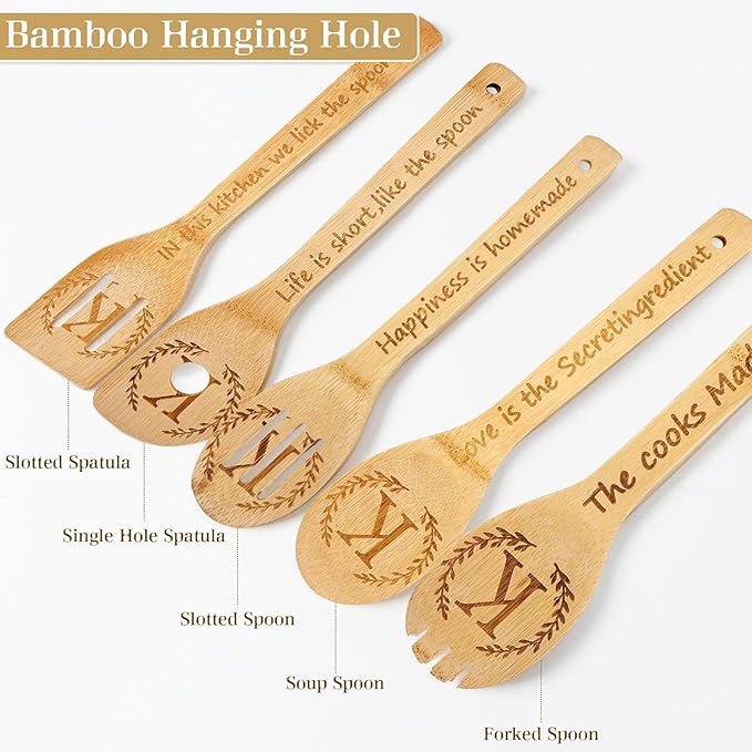 5PCS Initial Wooden Cooking Spoons Initial Letter Kitchen Decor Gifts Personalized Monogrammed Birthday Gifts for Women Mom Friend Housewarming Wedding Bamboo Cooking Spoons