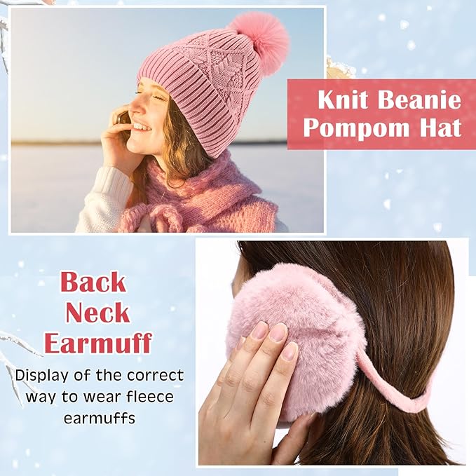 SATINIOR 5 Pcs Winter Hat Scarf Gloves Set Fleece Lined Knit Beanie Hat Warm Touch Screen Gloves Earmuff Warmer for Women(Pink,Chic Style)