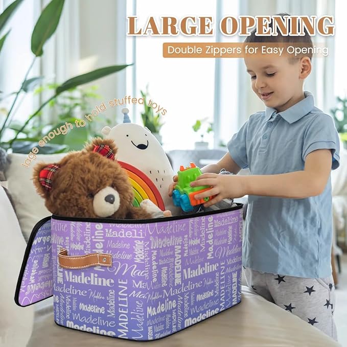 Custom Storage Basket with Name, Personalized Keepsake Box with Zipper Lid, Foldable Fabric Memory Bin Large capacity with Handle Purple
