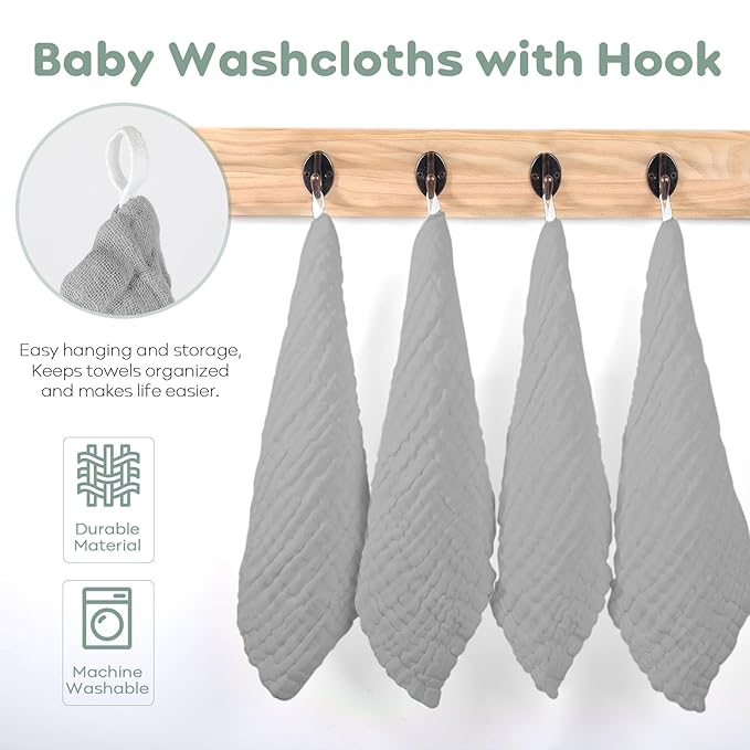Yoofoss Muslin Baby Washcloths 100% Organic Cotton Face Towels 6 Pack Wash Cloths for Baby 12x12in Soft and Absorbent Baby Wipes (Grey)