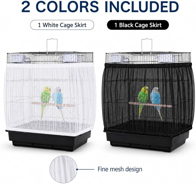 RAINFLOW 2 Pack Bird Cage Seed Catcher - Adjustable Bird Cage Skirt | Black & White, Fits 55-100 in Circumference, 16 in High, Breathable Seed Guard for Parrot, Parakeet and Cockatiel Cages