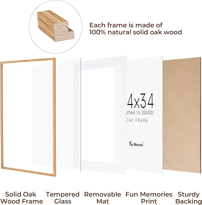 Fun Memories Rustic Oak Wood Picture Frame - 24x34 with Real Glass, Mat for 20x30, Natural Oak Color, 1 Pack