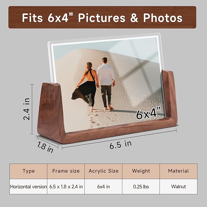 4x6 picture frames, Solid Rustic Wooden Photo Frames with Walnut Wood Base and High Definition Acrylic Glass Covers - for Tabletop or Desktop Display (4x6 inch, Horizontal)