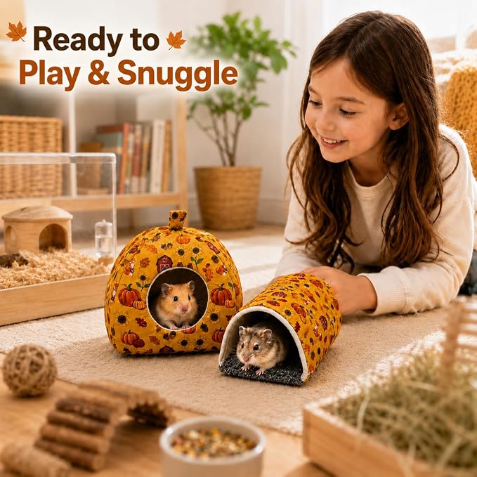 Hamster Hideout Tunnel Set, 2 Pack Washable Small Animal Bed with Removable Cushion, Cozy Play Tunnel Cage Accessories for Hamsters, Hedgehogs, Mice, Rats, Gerbils, Orange Pumpkin