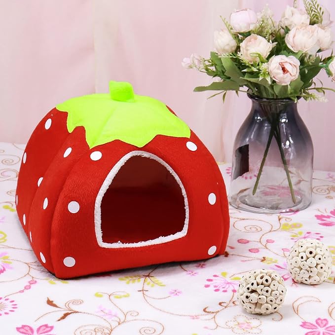 Mygeromon Guinea Pig Bed Rabbit Hideout Cuddle Cup (Strawberry Style) | Washable, Winter, Small Animals Sleeping House, for Ferret, Chinchilla, Bunny