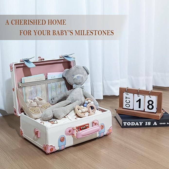 Unitravel Baby Keepsake Case, Handmade Memory Storage Box, Newborn Keepsake Box, Vintage Suitcase for Baby Shower, Baptism, Naming Ceremony or Birthday