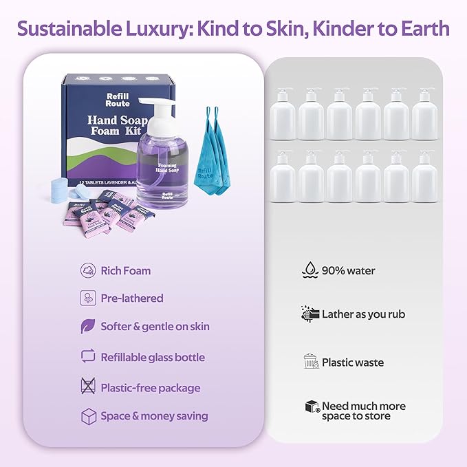 Foam Soap Refill with Dispenser Hand Wash Set, 12 Foaming Hand Soap Refills Tablets +1 Glass Foaming Dispenser +2 Microfiber Cloths, Make 96 fl oz - No Plastic, Cleansing & Moisturizing, Lavender