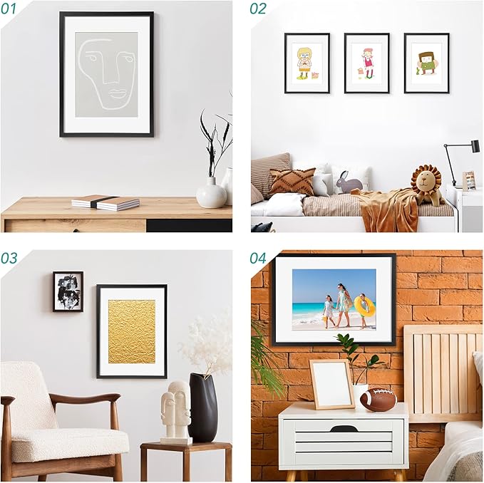 TWING 12 x 16 Picture Frames Set of 6, Display Pictures 8.5x11 with Mat or 12x16 Without Mat, Large Photo Gallery Wall Frame Set Wall Mounting Black Composite Wood
