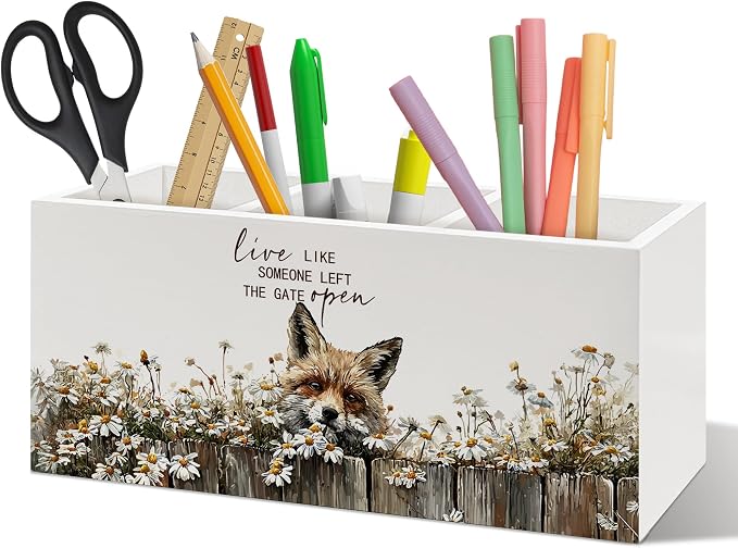 Rustic Fox Pen Holder Organizer, Rustic Farmhouse Fox Gifts for Women Girls Desk Decor, Live Like Someone Left the Gate Open Wooden Pen Pencil Holders for Vintage Desk Accessories