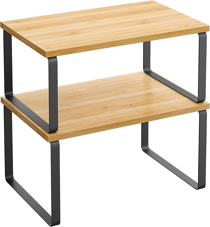 SONGMICS Cabinet Organizer Shelf, Set of 2 Kitchen Counter Shelves, Kitchen Storage, Spice Rack, Stackable, Expandable, Metal and Engineered Wood, Ink Black and Natural Beige UKCS02NB