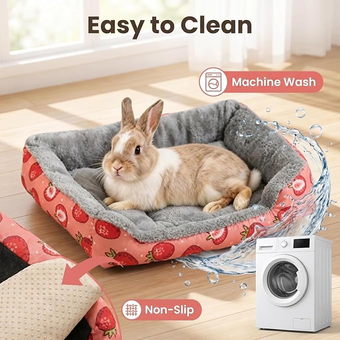 Bunny Bed, Pink Strawberry Plush Rabbit Guinea Pig Bed with Non Slip Bottom, Cozy Bed for Ferret Hamster and Other Small Animals