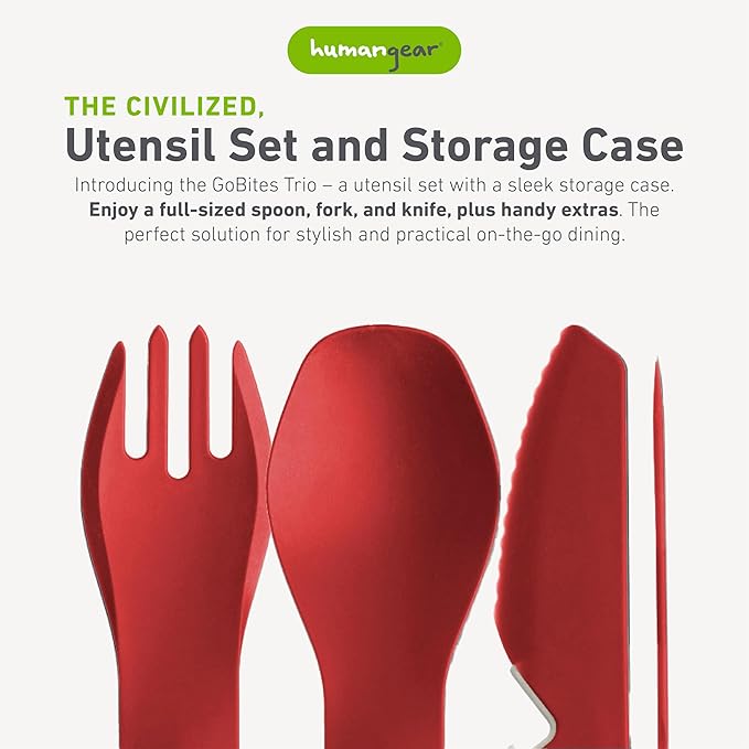 humangear GoBites Trio | Travel & Camping Utensils | Portable & Convertible Dining Ware | Multi-Functional Spork & Knife, Red