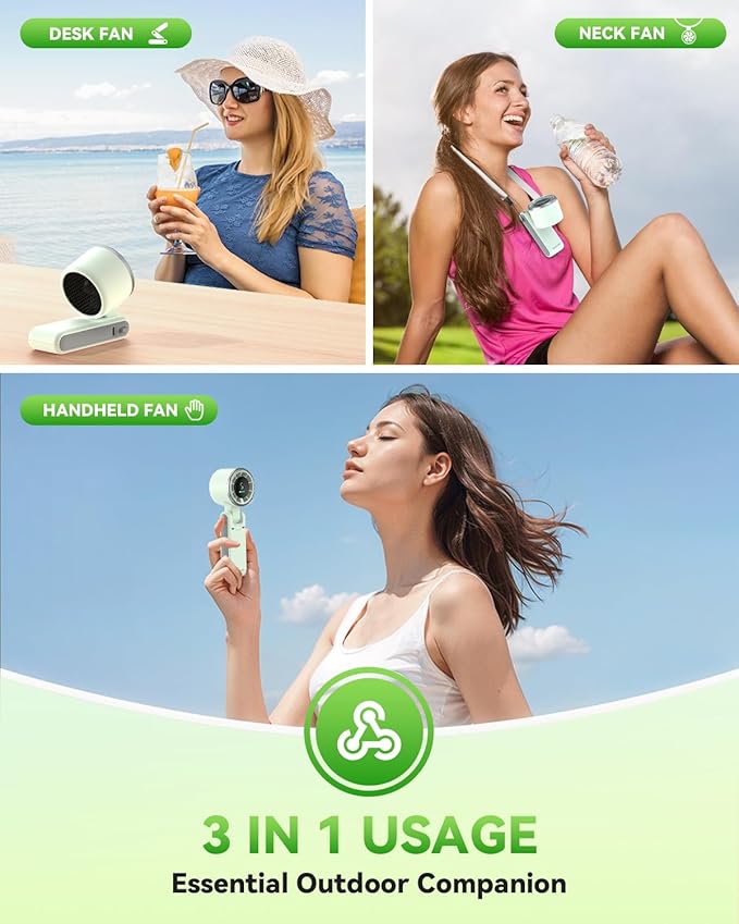 Portable Handheld Turbo Fan, 5 Gear Wind, Battery Operated, Up to 12 Working Hours, 3 IN 1 Hand Fan with Air Turbo Tech Cooling Fans for Outdoor Activities, Travel, Beach (Green)