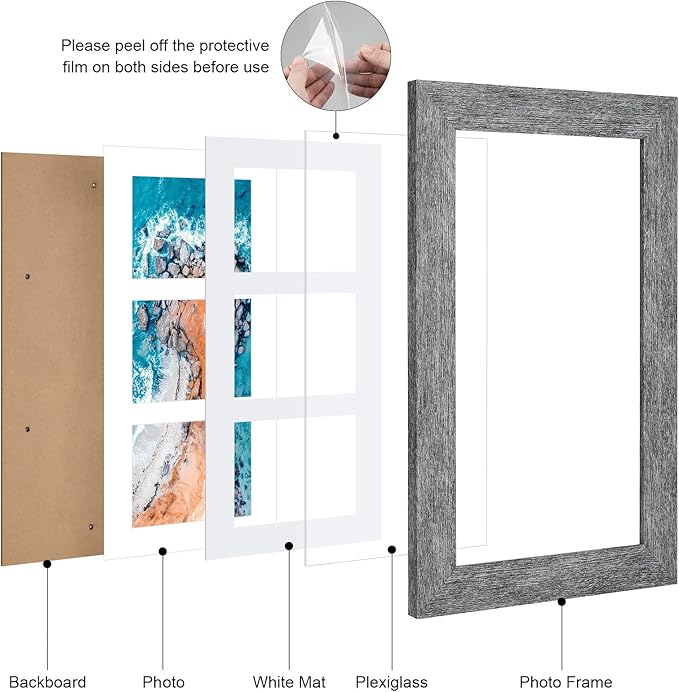 8x14 Picture Frame Display 3 opening 4X6 Picture Frame Collage,Multi Photo Frame with Mat,Plexiglass,Wall Hanging Decor,Grey Wood Grain
