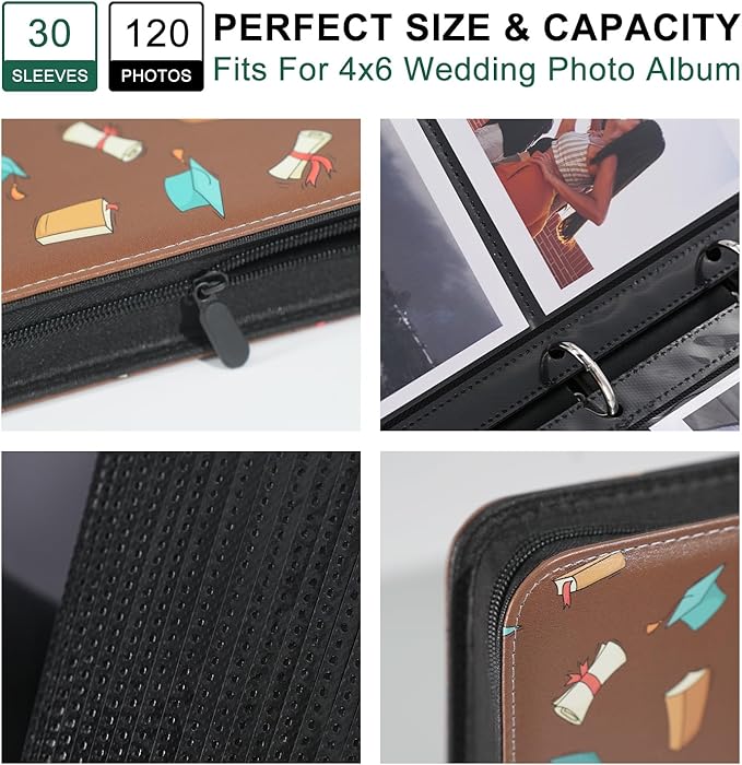 Photo Album 4x6 Pictures,120 Pockets Binder Premium Vegan Leather Cover for Family Wedding Anniversary Baby Kids Vacation. (School Education)