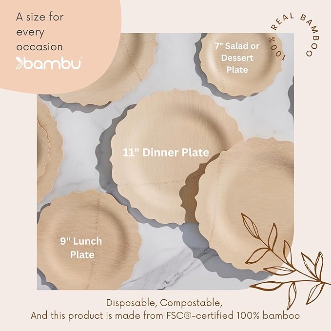 Bambu Pack of 100-11 Inch Disposable Bamboo Plates Fancy, Biodegradable Eco Friendly Products, Bamboo Disposable Plates for Party, Weddings, and Events, Great For Any Occasion - Bulk Case