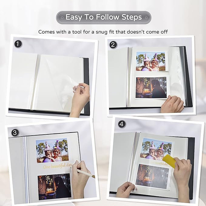 Popotop Large Photo Album Self Adhesive 4x6 5x7 8x10 Scrapbook Album DIY Picture Book,Gifts for Mom,Family Baby and Wedding,with Metal Pen and Plastic Board