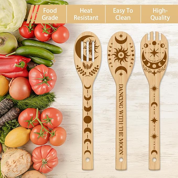 GLOBLELAND 6Pcs Sun and Moon Bamboo Cooking Utensils Wooden Engraved Cooking Spoons Set Moon Phases Kitchen Bamboo Spatula for Women and Men Wood Cooking Spoon for Kitchen House Warming Gift