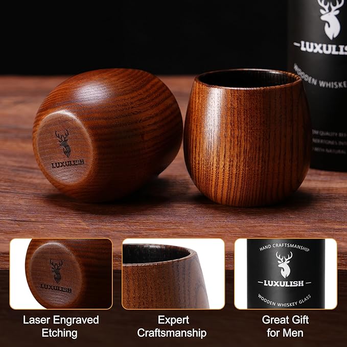 Charred Wooden Bourbon Glass, Include 3 Ice Whiskey Rocks, The Original Wood Bourbon Drinking Cup, Old Fashioned Whiskey Glasses Tumblers, Cool Gift for Men, Dad, Husband, Brother, Friends