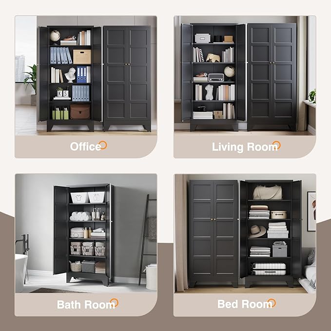 Yizosh Metal Storage Cabinet with 2 Doors and 4 Adjustable Shelves - 71" Black Kitchen Pantry Storage Cabinet,4-Tier Tall Steel Cabinet Locker for Living Room,Dining Room,Kitchen
