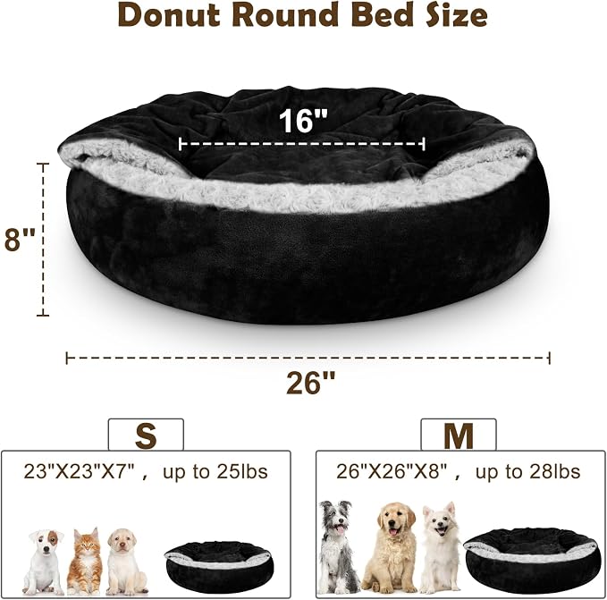 JOEJOY Small Dog Bed Cat Bed with Hooded Blanket, Cozy Cuddler Luxury Puppy Pet Bed, Donut Round Calming Anti-Anxiety Dog Burrow Cave Bed - Anti-Slip Bottom and Machine Washable 26 inch