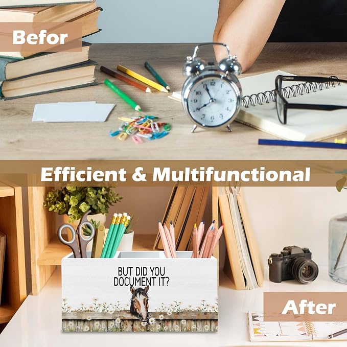 DILSJ Inspirational Horse Pen Pencil Holder Organizer for Desk, Horse Gifts for Women, But Did You Document It Wooden Box Signs for Home Office Desk Tabletop Decoration