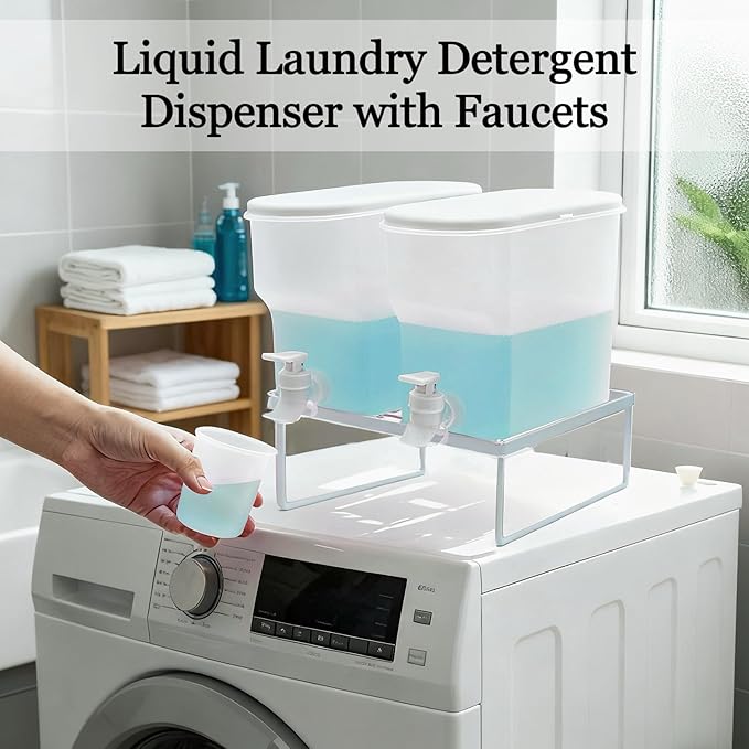 Laundry Detergent Dispenser Set, 105oz (3L) Easy-Pour Leak-Proof Bottles with Spout Plug Caps,Measuring Cups & Stand–2 Refillable Semi-Transparent Soap Containers for Laundry Room Organization