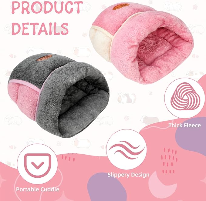YUEPET 2 Pack Guinea Pig Bed, Guinea Pig Cuddle Sack, Grey & Pink | Guinea Pig House, Portable Guinea Pig Hideout, Soft Coral Fleece Pocket Guinea Bed, Washable Cushion