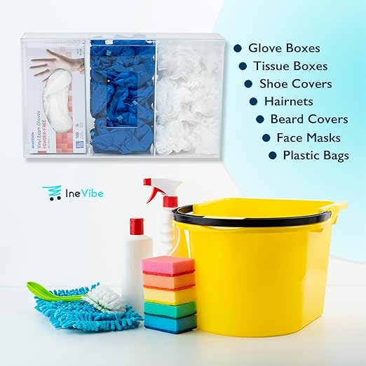Triple Hygiene Holder - 3 Compartment Acrylic Dispenser with Lid for Hairnets, Glove Boxes, Face Masks, Plastic Bags, Tissue Boxes in Home or Medical Setting - Counter or Wall Mount (Triple)