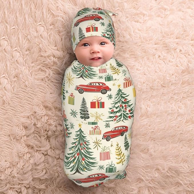 Christmas Baby Swaddle Blanket and Hat Set for Newborn Boys Girls Soft Infant Wrap Sleep Christmas Tree Gift