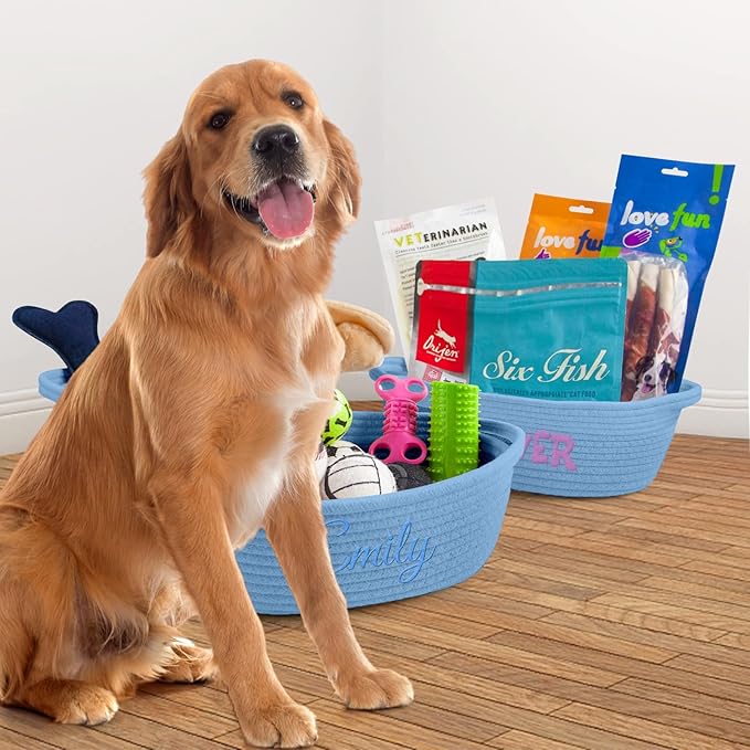 HUTARIO Personalized Woven Basket Embroidered Name with Gift Bags and Ribbons,Empty Small Rope Basket，Durable Storage Custom Blue Basket with Handles for Baby Showers or Christmas,12"×8"×5"