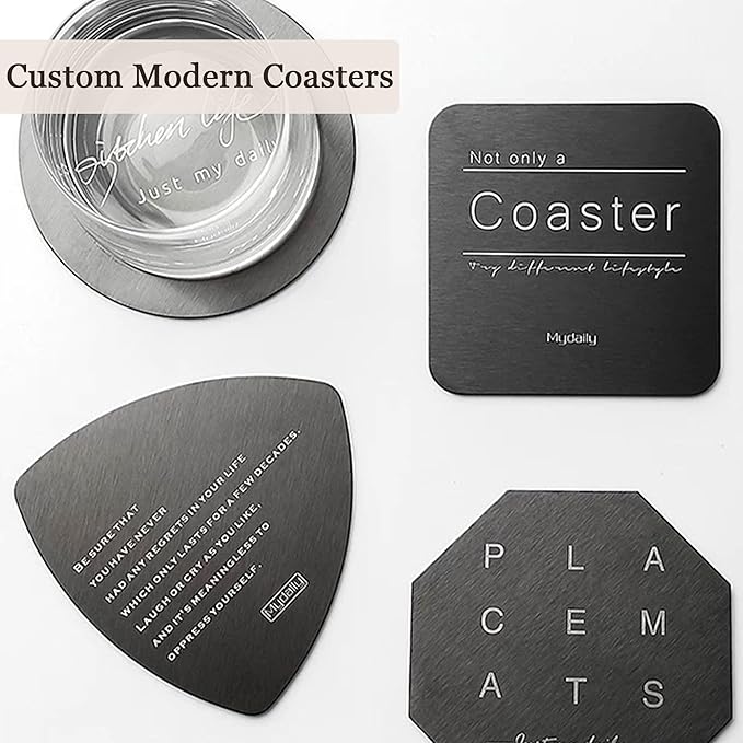 Personalized Coasters,Stainless Steel Coaster with Sponge Bottom,Engraved Drink Coasters with Logo/Name, Modern Coasters for Restaurant, Bar, Housewarming or Wedding Gift, Set of 6 (Black, Square)